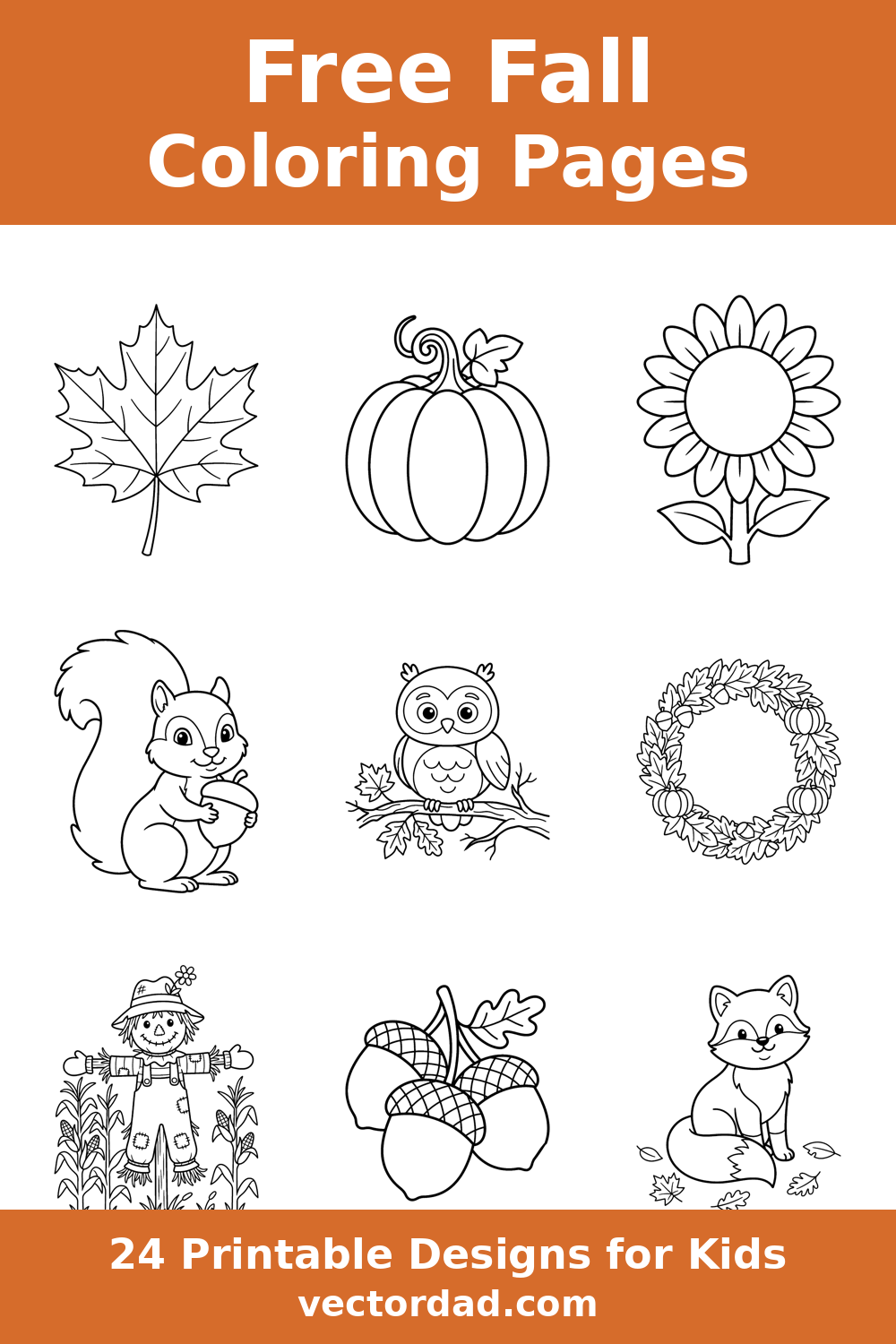 Free Fall coloring pages Pinterest pin - 24 printable designs for kids from VectorDad