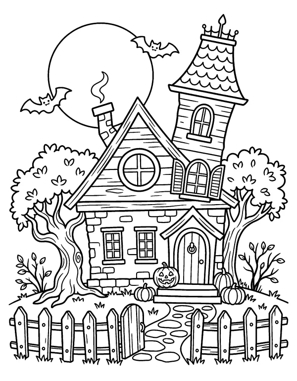 Haunted House Halloween coloring page - free printable