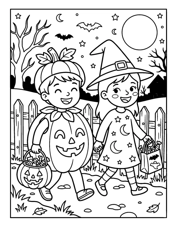 Trick-or-Treaters Halloween coloring page - free printable