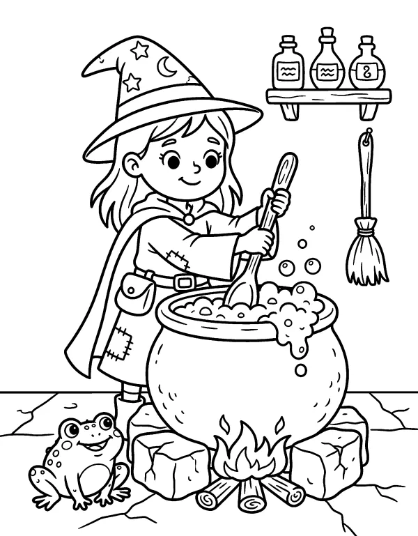 Witch and Cauldron Halloween coloring page - free printable