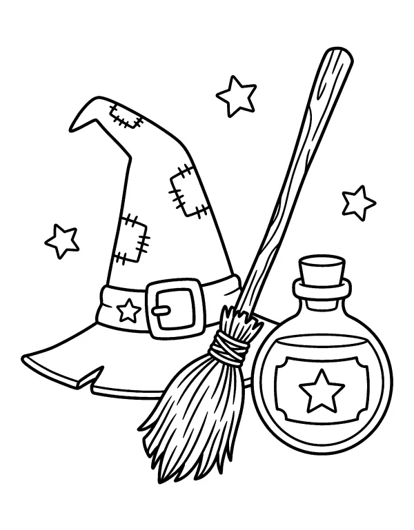 Witch Hat and Broom Halloween coloring page - free printable