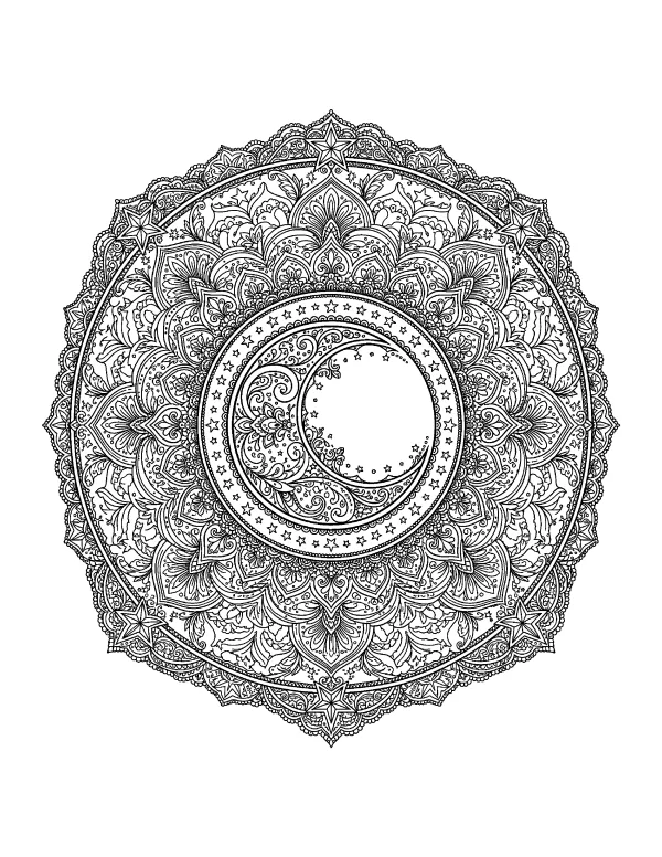 Moon & Stars mandala coloring page - free printable