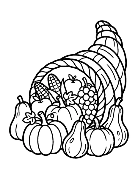 Cornucopia with Pumpkins Thanksgiving coloring page - free printable