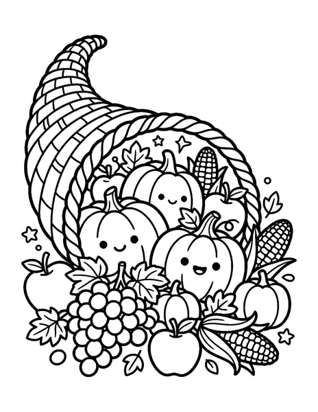 Overflowing Cornucopia Thanksgiving coloring page - free printable