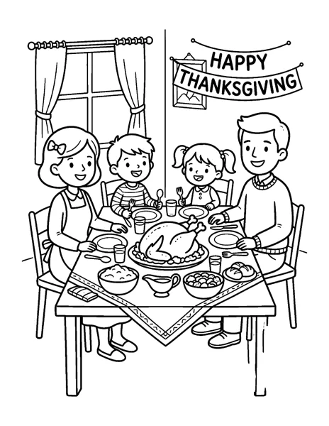 Family Thanksgiving Dinner Thanksgiving coloring page - free printable