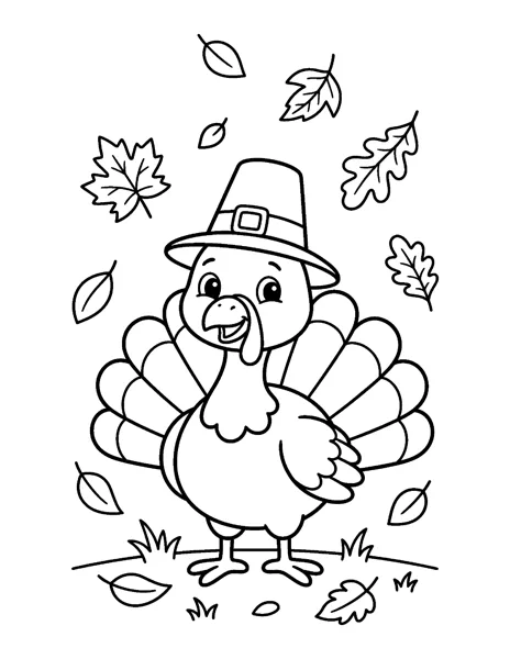 Turkey in the Leaves Thanksgiving coloring page - free printable