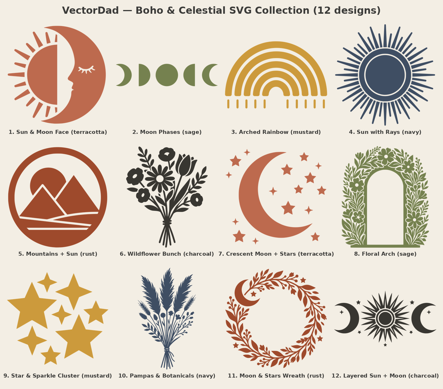 Free boho and celestial SVG designs collection for Cricut and Silhouette