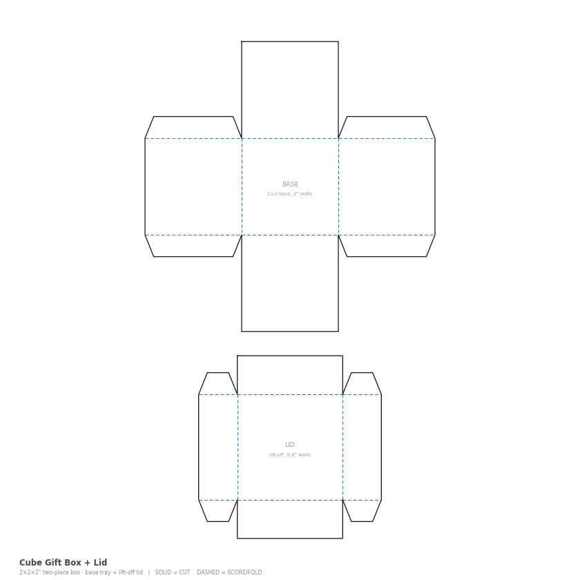 Cube Gift Box + Lid 2 inch flat dieline cut and score