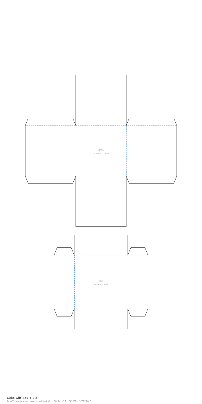 Cube Gift Box + Lid 3 inch flat dieline cut and score
