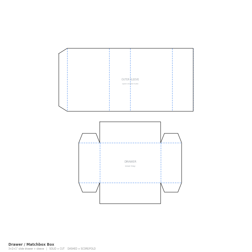 Drawer / Matchbox Box Small (3×2×1 in) flat dieline cut and score