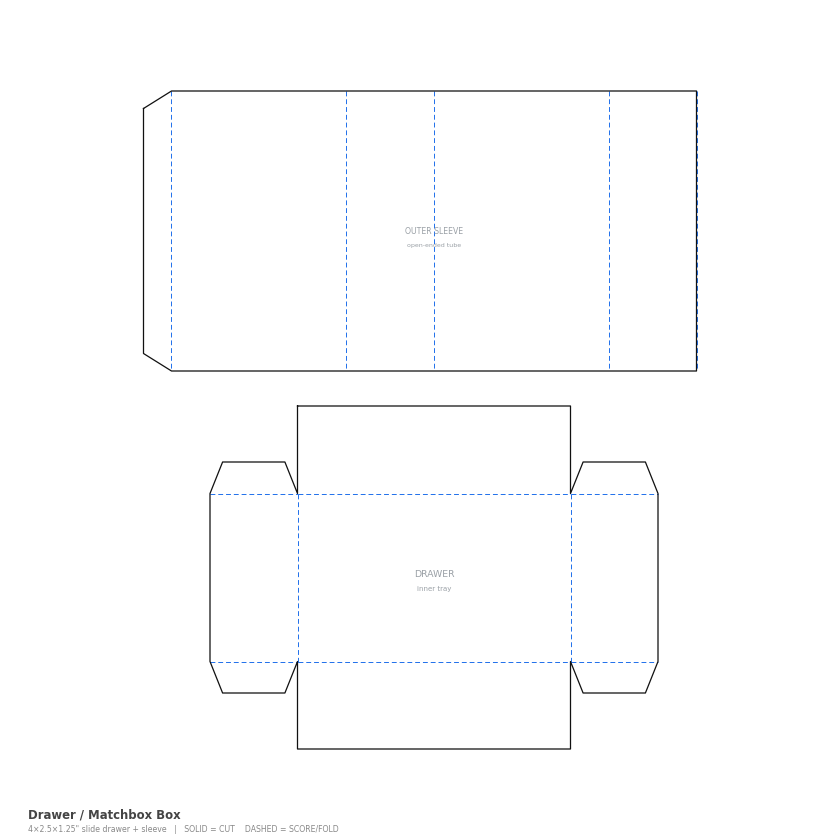 Drawer / Matchbox Box Large (4×2.5×1.25 in) flat dieline cut and score