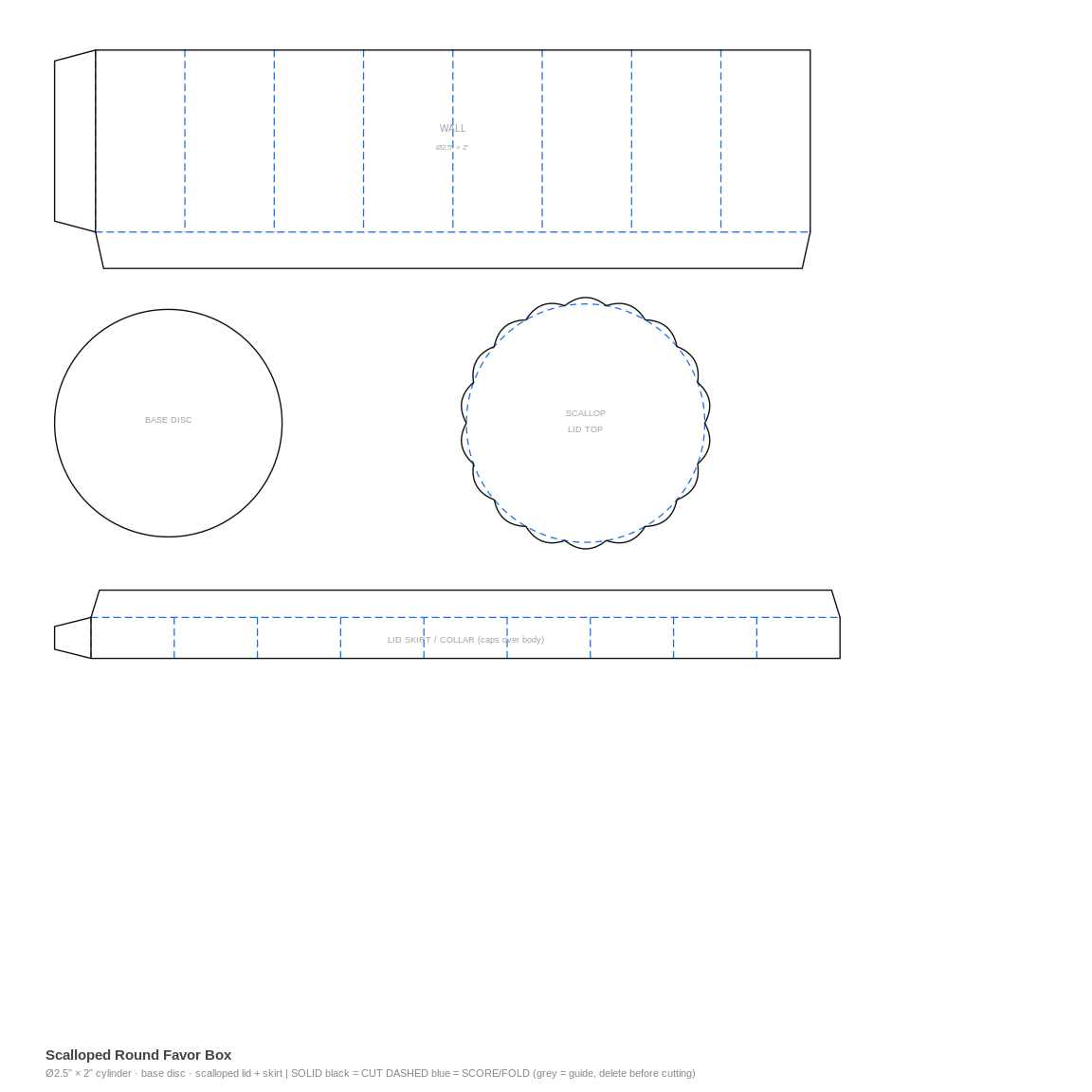Scalloped Round Favor Box Small (Ø2.5 × 2 in) flat dieline cut and score