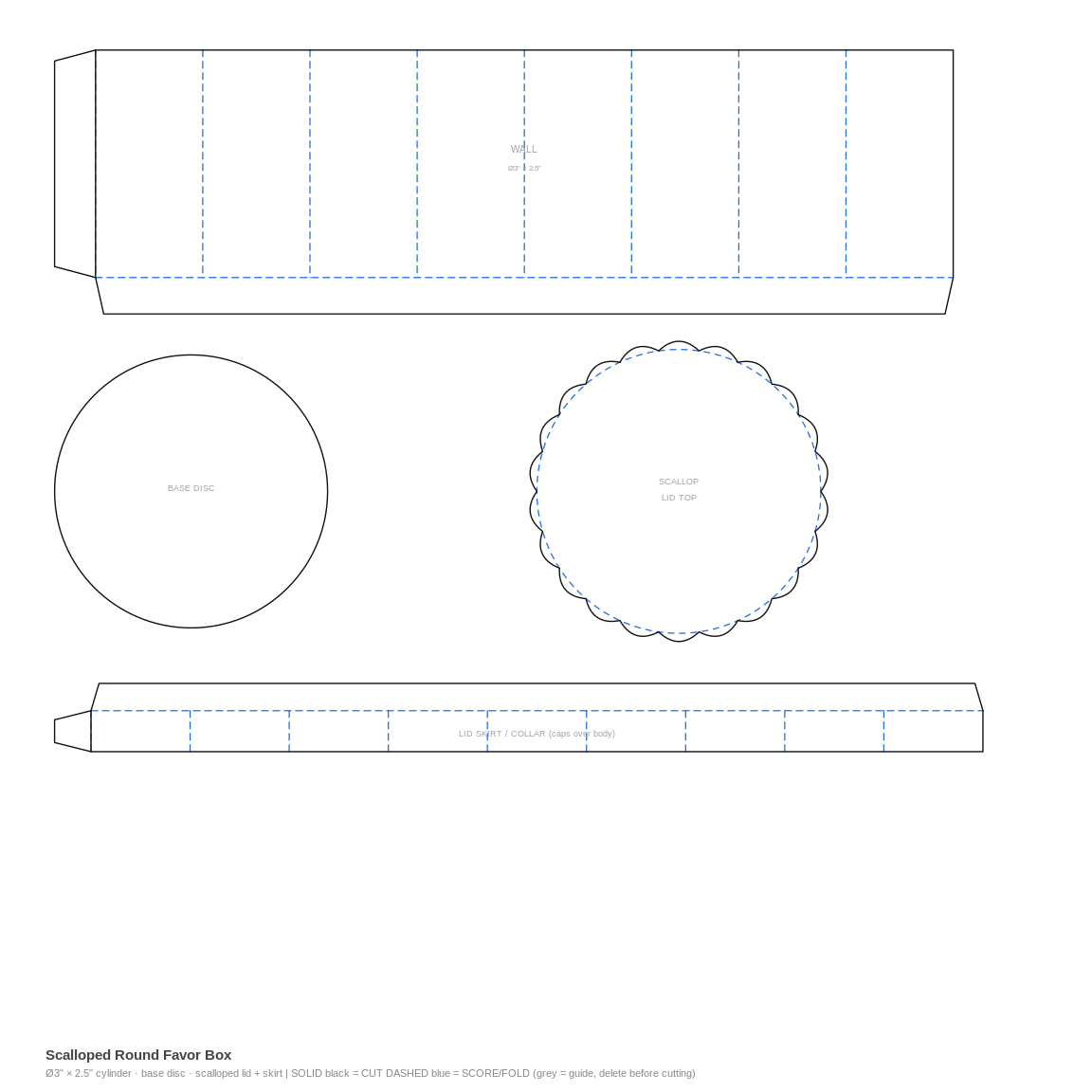 Scalloped Round Favor Box Large (Ø3 × 2.5 in) flat dieline cut and score