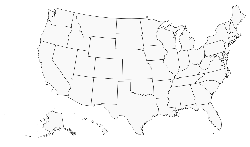 Blank US map outline with state borders and no labels, ready to fill in or colour. Free printable blank United States map, unlabeled map worksheet, quiz template, pdf, png, svg, a4, letter, print, download.