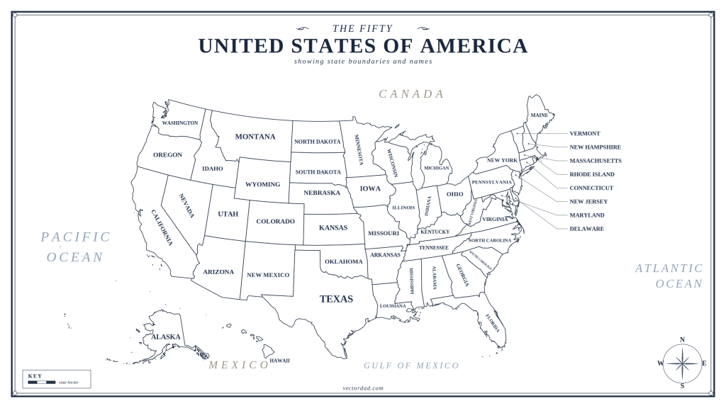 Free printable US map poster of the fifty United States of America showing state boundaries and names, decorative vintage classroom wall map, printable, pdf, png, svg, a4, letter, download, template.