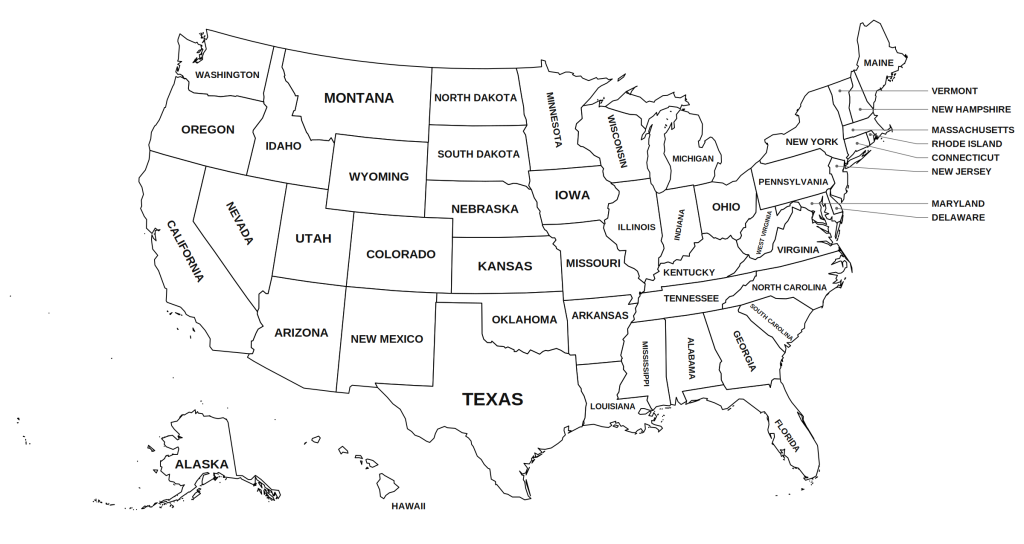 Printable US map with state names labelled on every state, black and white outline map with leader lines for the small north-eastern states. Free printable United States map with state names, worksheet, pdf, png, svg, a4, letter, print, download.