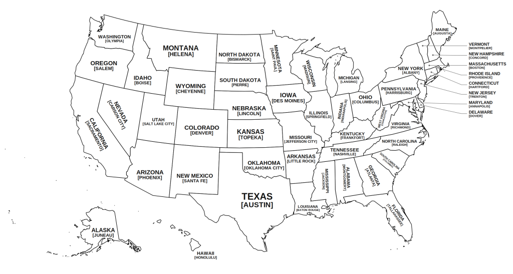 Printable US map with states and capitals, each state labelled with its capital city in brackets. Free printable United States map with state capitals, geography worksheet, study sheet, pdf, png, svg, a4, letter, print, download.