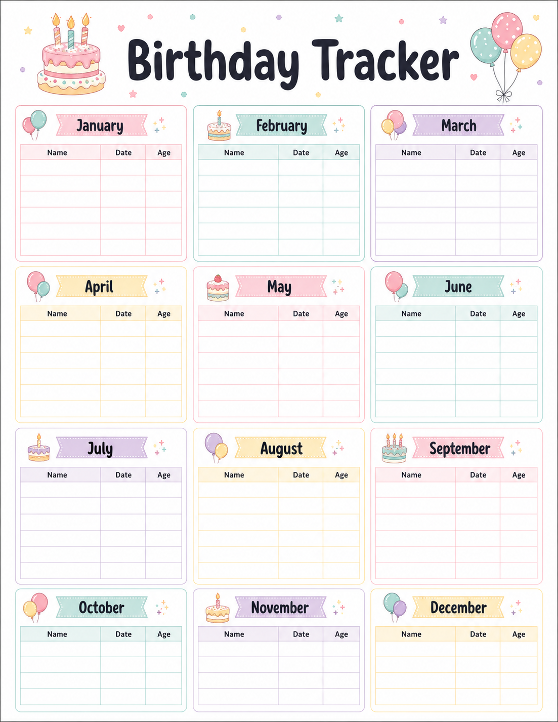 Free Printable Yearly Birthday Tracker Template