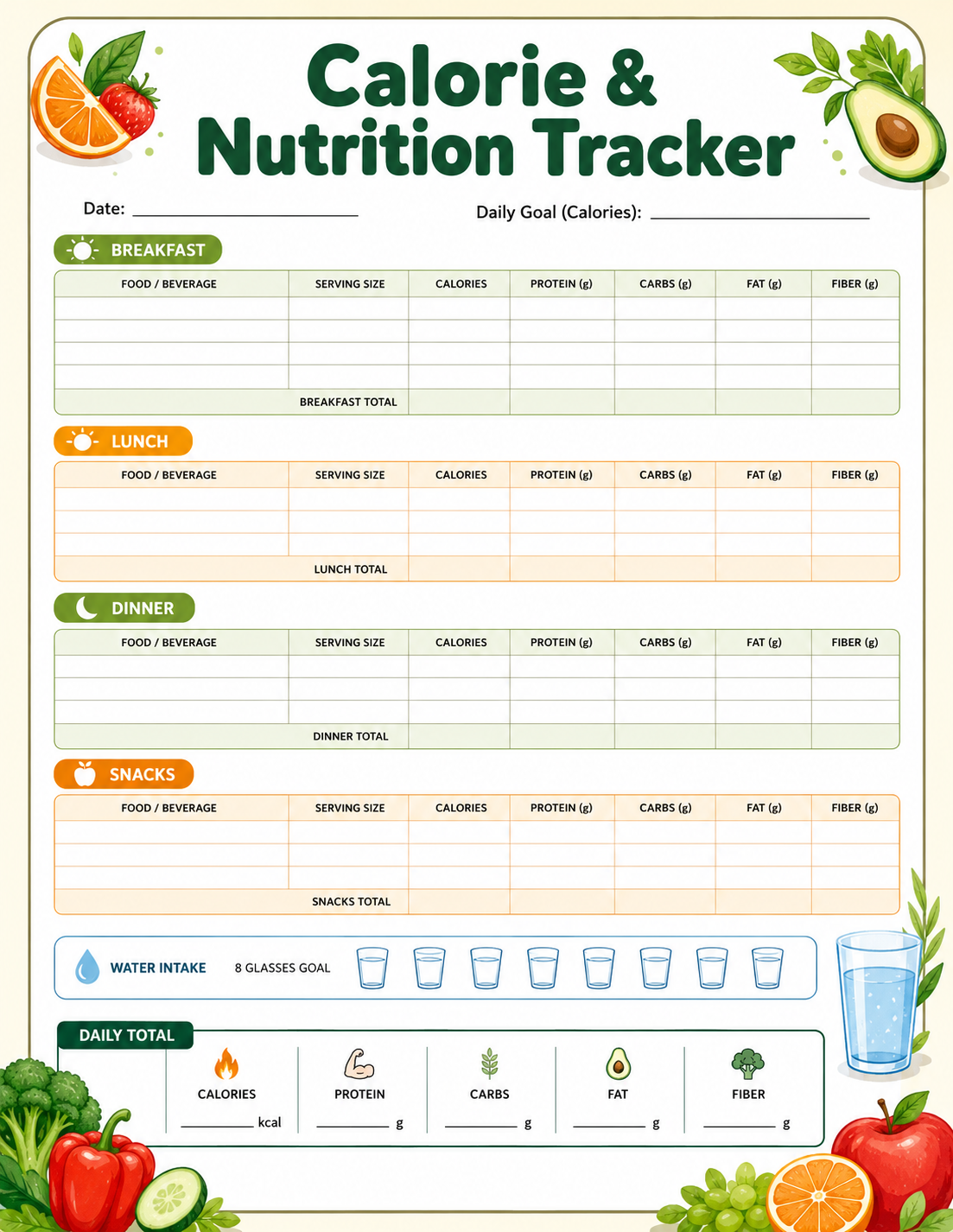 Free Printable Calorie and Nutrition Tracker Template
