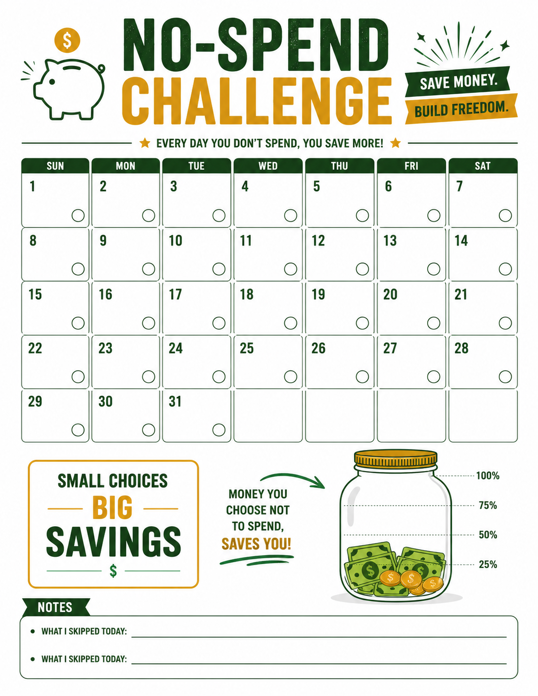 Free Printable No-Spend Challenge Tracker Template