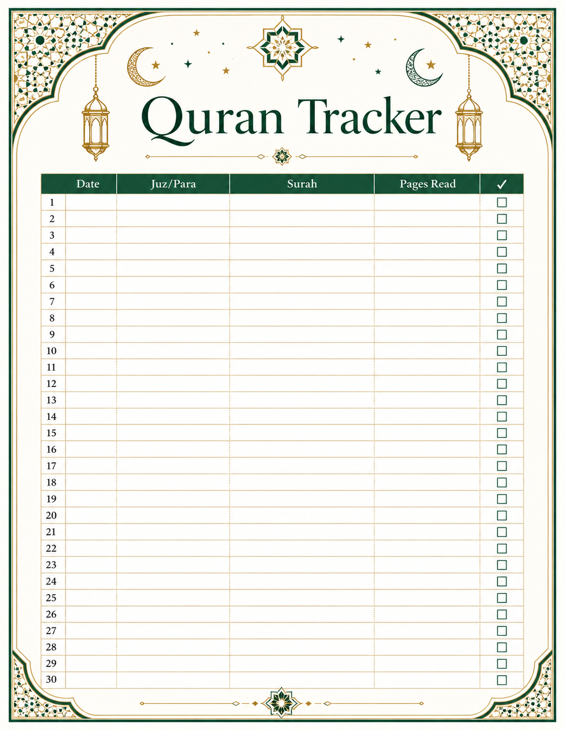 Free Printable Quran Reading Tracker Template