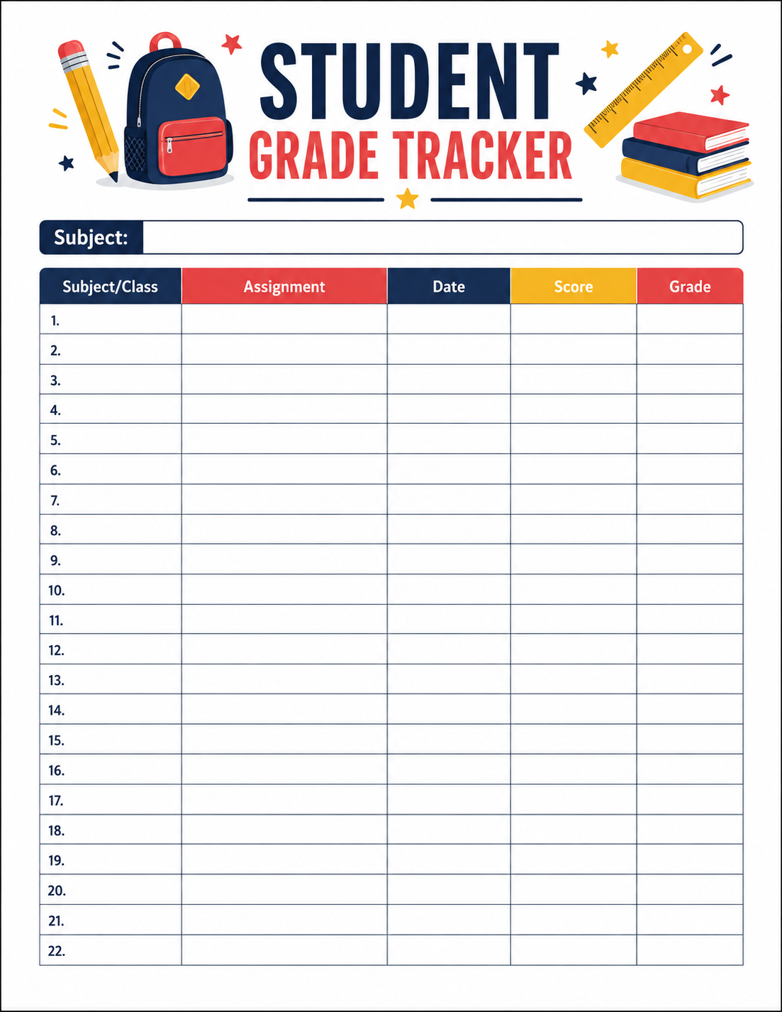 Free Printable Student Grade Tracker Template