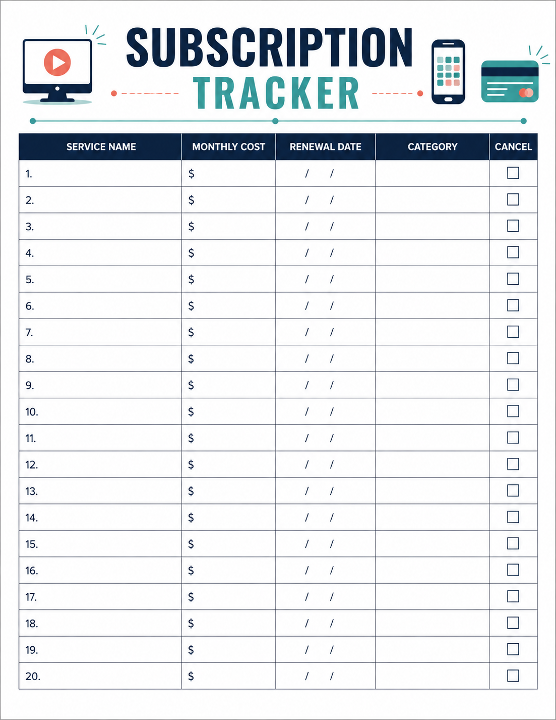 Free Printable Subscription Tracker Template