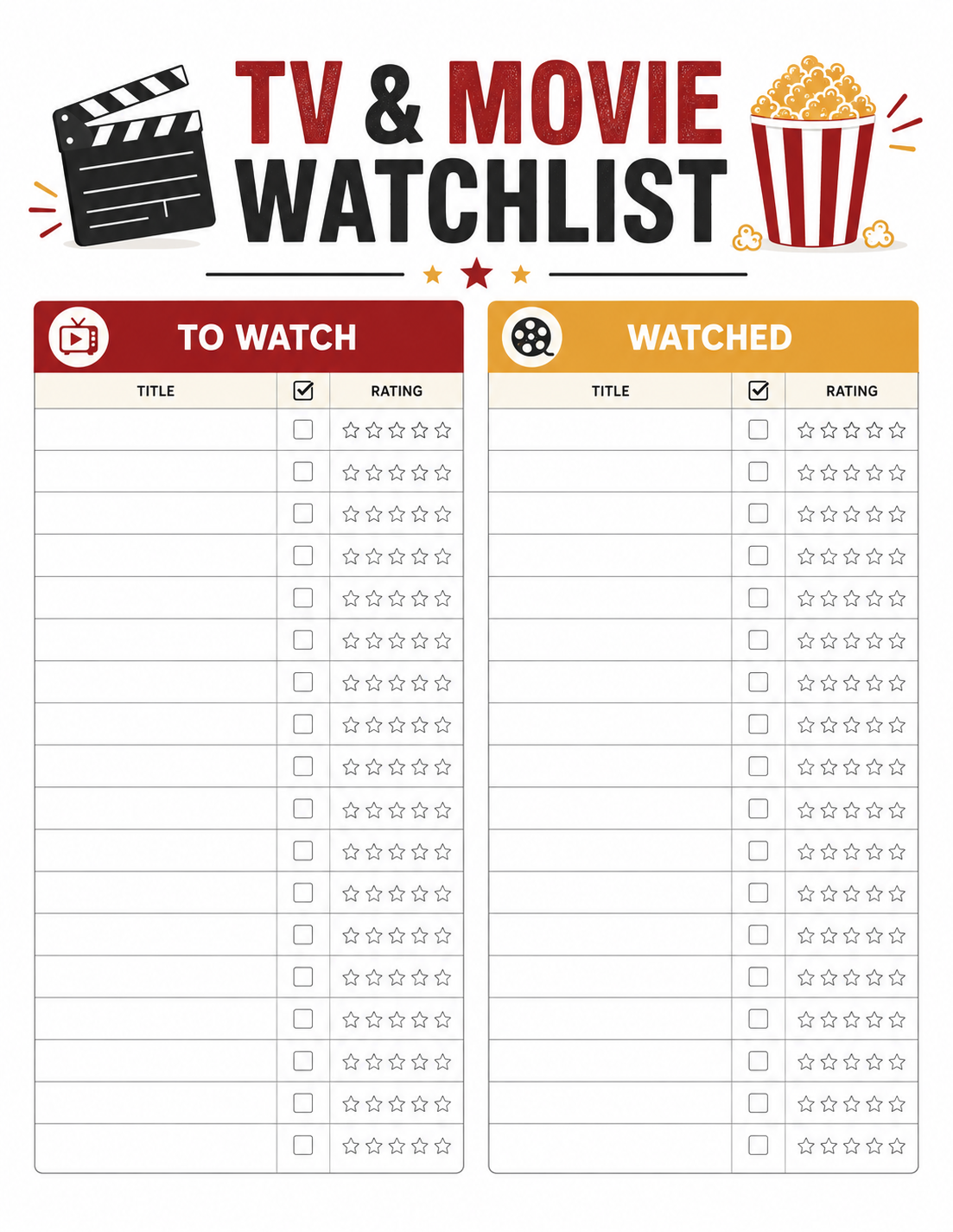Free Printable TV and Movie Watchlist Tracker Template
