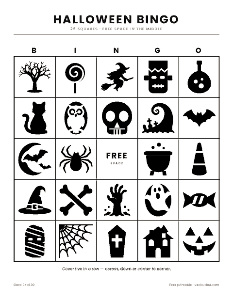Printable Halloween bingo card with 25 squares and a free space