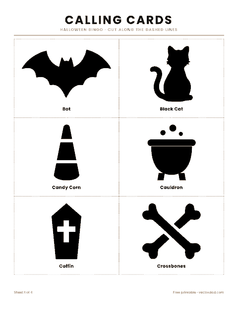 Halloween bingo calling cards to cut out, with picture names
