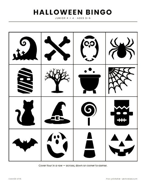 Junior four by four Halloween bingo card for preschoolers