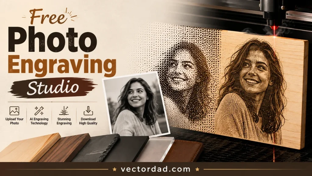 Photo Engraving Studio preview — a photo shown as a laser engraving on a wooden plaque