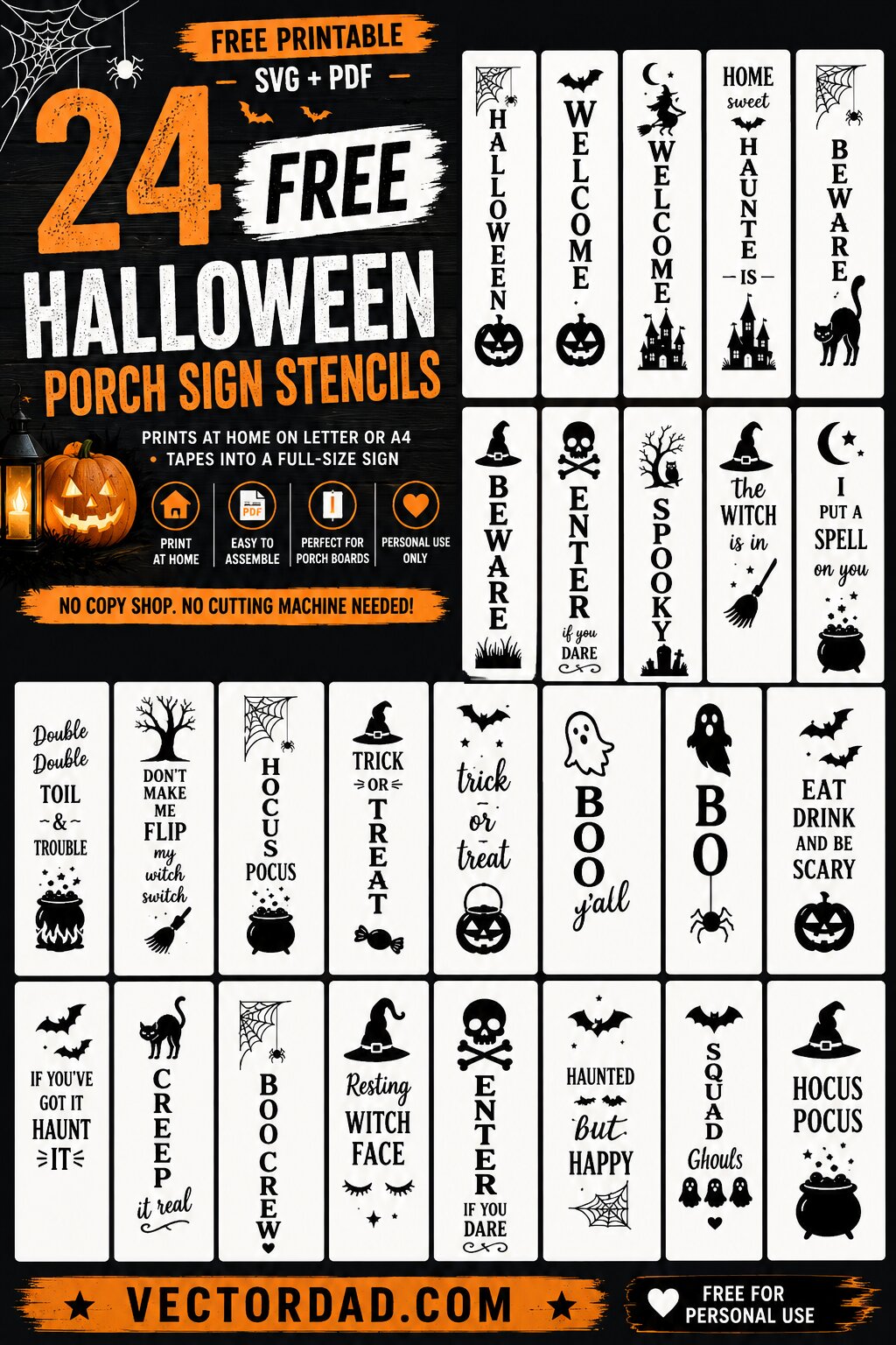 24 free Halloween porch sign stencils &mdash; tall printable templates that tile across ordinary paper