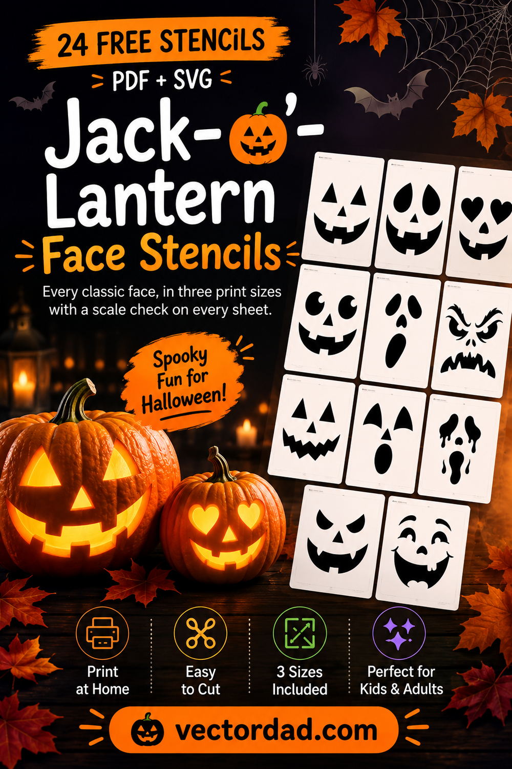 24 free printable jack-o'-lantern face stencils — pumpkin carving templates in PDF, SVG and PNG