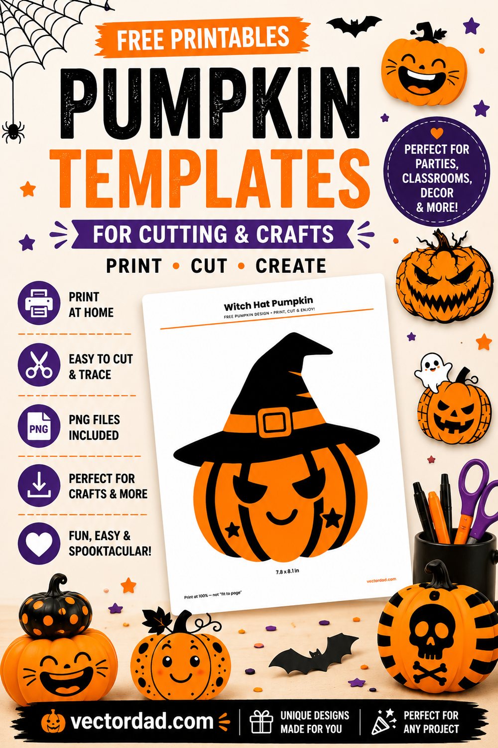 Free pumpkin templates and SVG cut files for Halloween crafts from VectorDad