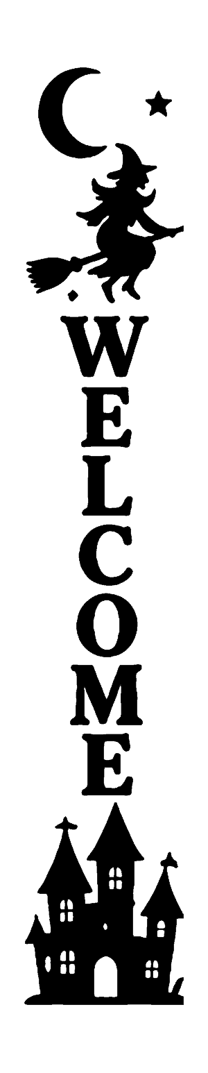 Welcome (haunted house) vertical Halloween porch sign stencil, free printable template