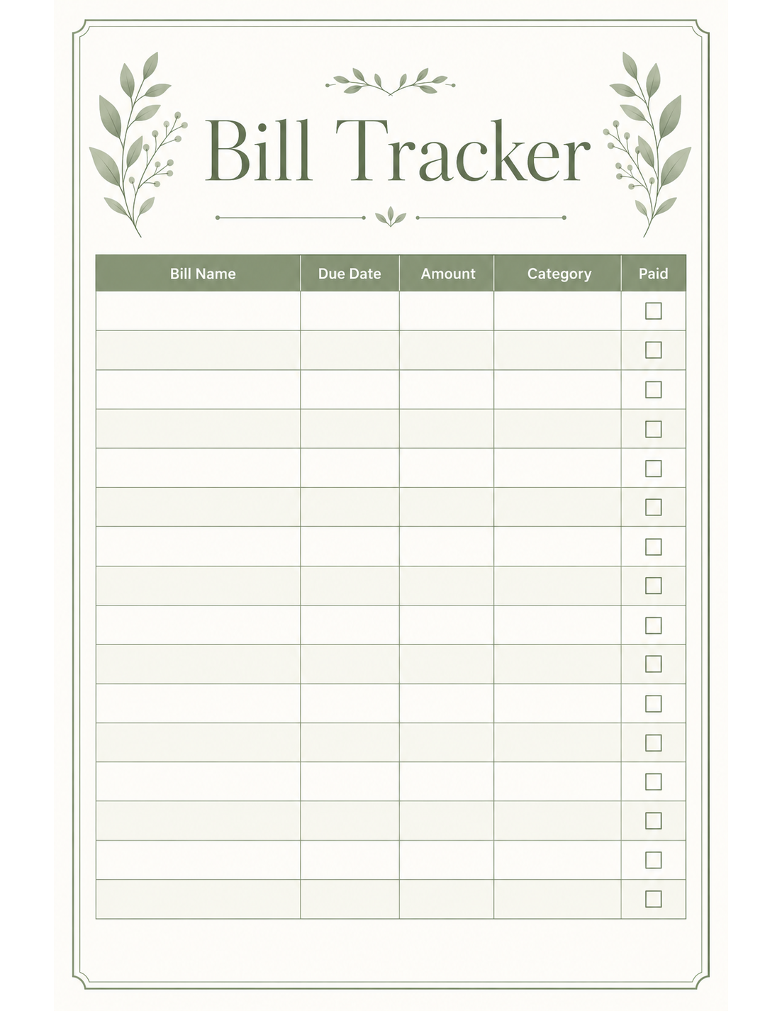 Green minimalist elegant printable bill tracker template with botanical leaf accents and a bill name, due date, amount, category and paid table