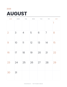 August 2026 minimalist printable calendar