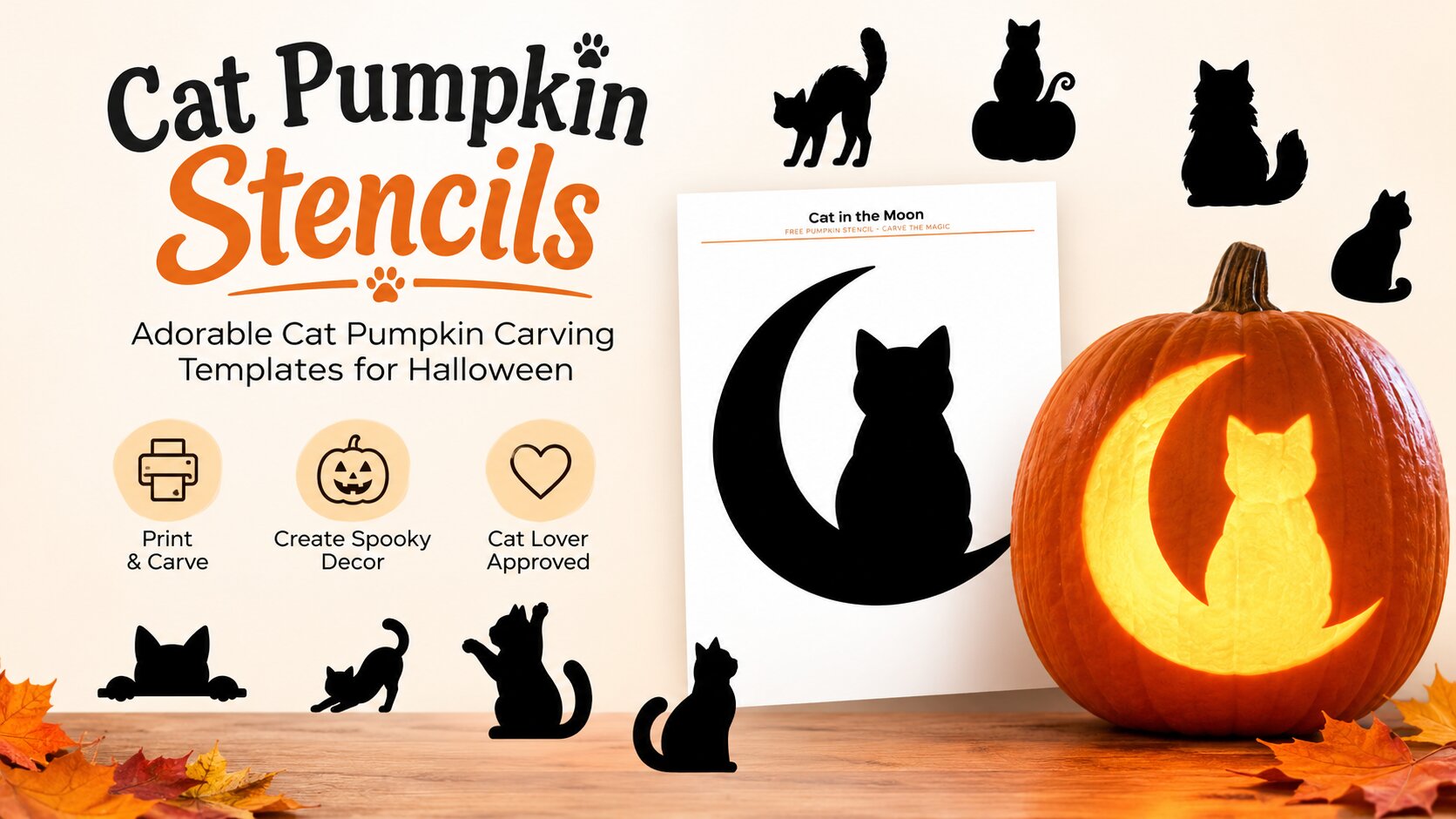 Free cat pumpkin carving stencils, black cat silhouettes to print