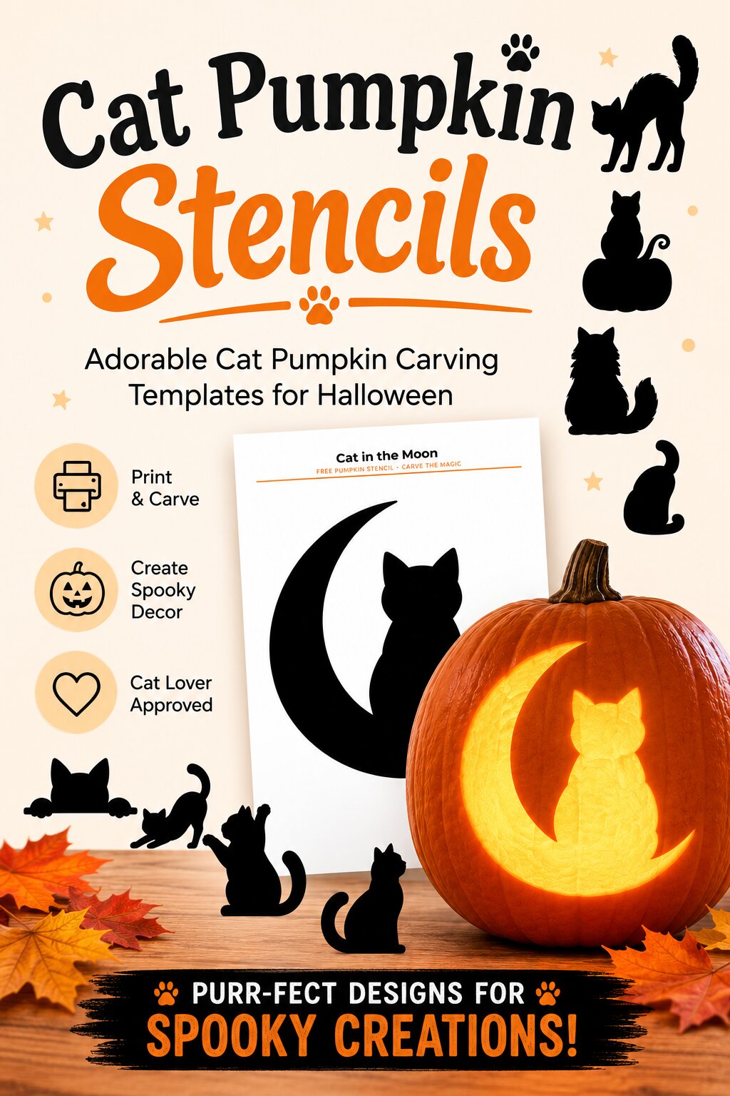Free cat pumpkin carving stencils from VectorDad