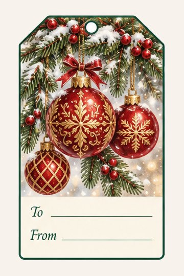 Glass Baubles watercolor Christmas gift tag with To and From lines