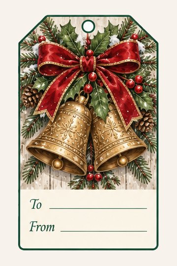 Christmas Bells watercolor Christmas gift tag with To and From lines