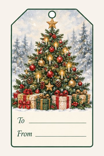 Christmas Tree watercolor Christmas gift tag with To and From lines