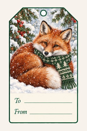 Fox in the Snow watercolor Christmas gift tag with To and From lines