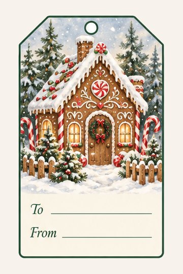 Gingerbread House watercolor Christmas gift tag with To and From lines