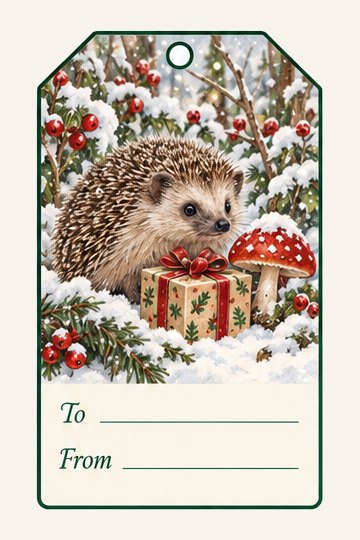 Hedgehog watercolor Christmas gift tag with To and From lines