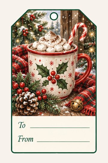 Hot Cocoa watercolor Christmas gift tag with To and From lines