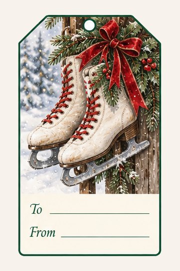 Ice Skates watercolor Christmas gift tag with To and From lines