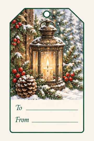 Glowing Lantern watercolor Christmas gift tag with To and From lines