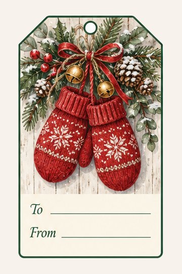 Red Mittens watercolor Christmas gift tag with To and From lines